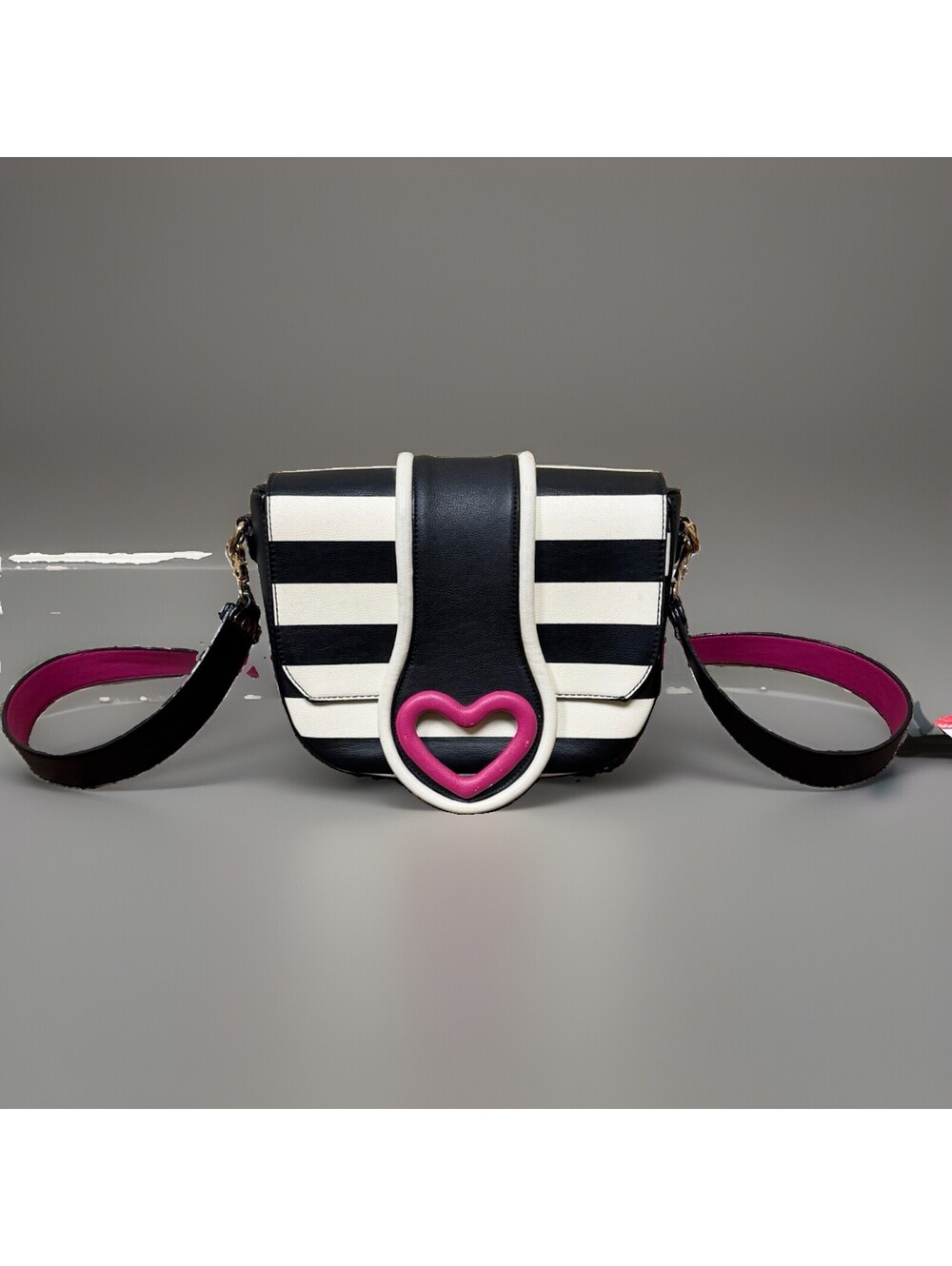 2010s Betsey Johnson Black/White Striped Crossbody Bag Pink Heart Accents